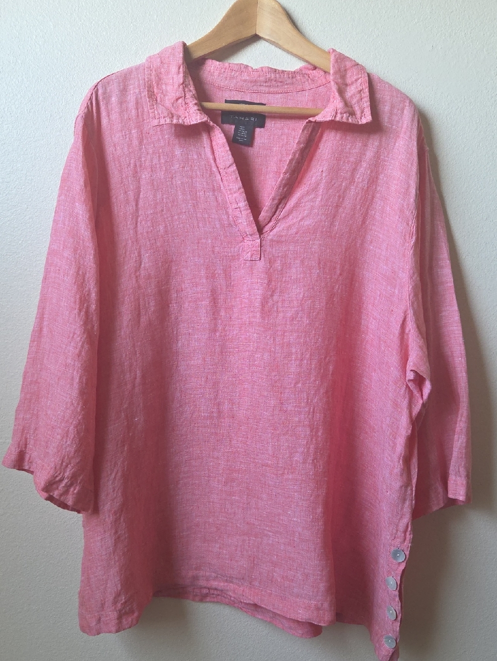 TAHARI Linen Popover Tunic Top Linen 3/4 Sleeve MOP Side Buttons Red Size 3X